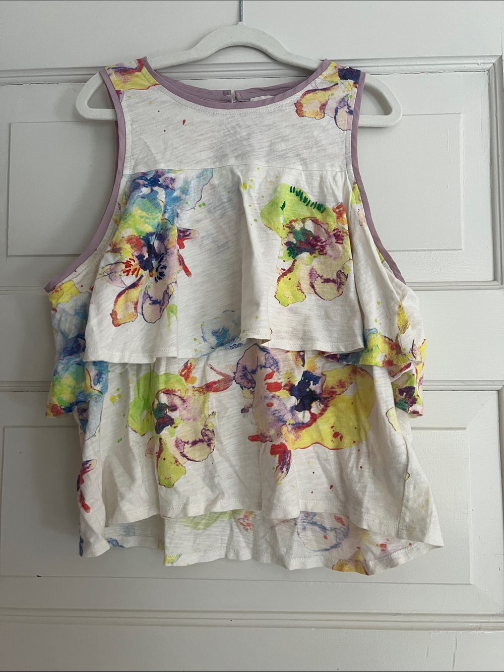 Meadow Rue White Floral Watercolor Tiered Tank with Lavender Trim